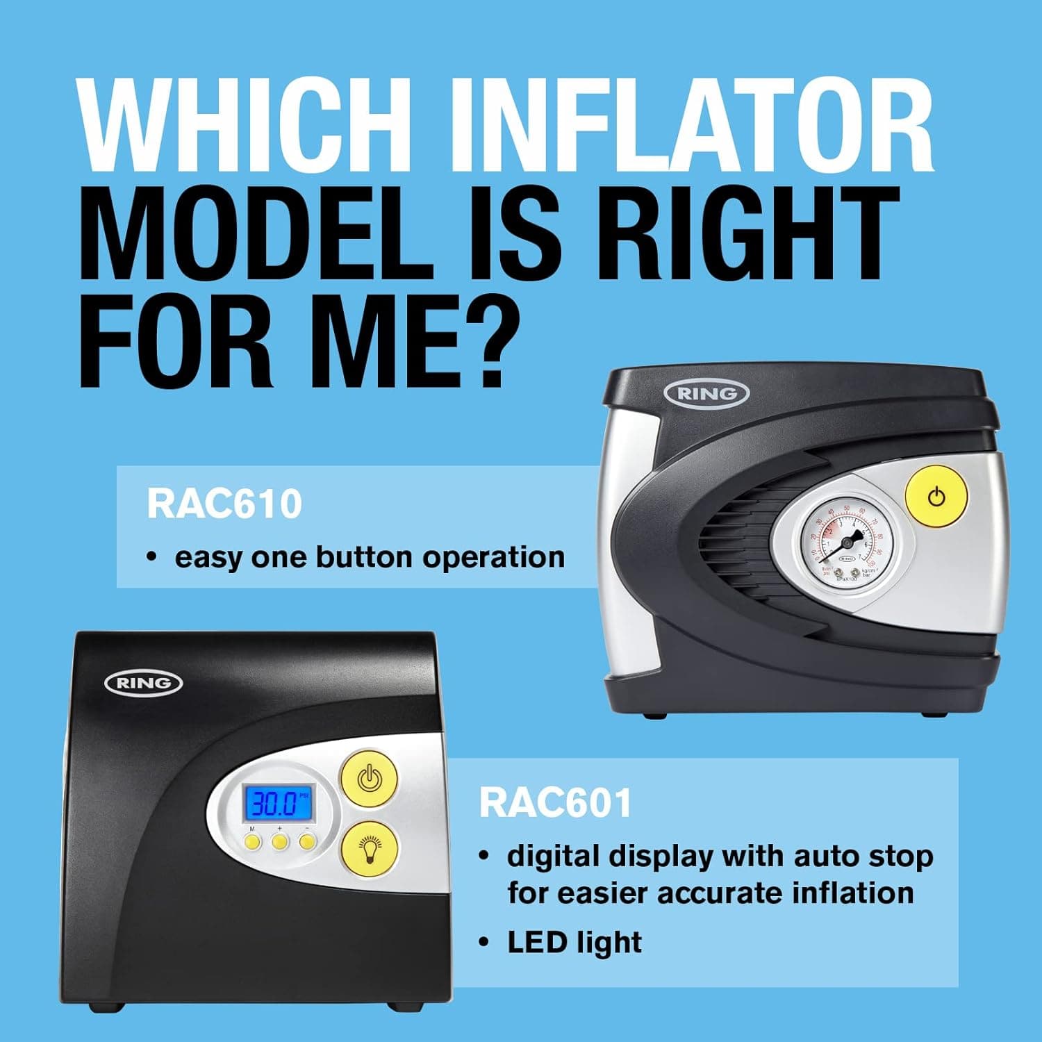 Buy Ring,Ring Automotive - RAC610 12v electric tyre inflator air compressor car pump with pressure gauge and valve adaptors for car, motorbike, bike, ball and inflatables - Gadcet UK | UK | London | Scotland | Wales| Near Me | Cheap | Pay In 3 | Vehicles & Parts