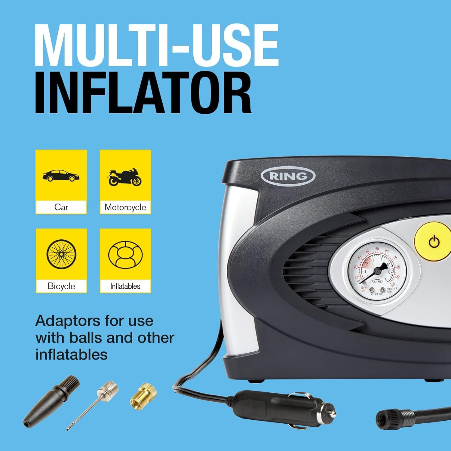 Buy Ring,Ring Automotive - RAC610 12v electric tyre inflator air compressor car pump with pressure gauge and valve adaptors for car, motorbike, bike, ball and inflatables - Gadcet UK | UK | London | Scotland | Wales| Near Me | Cheap | Pay In 3 | Vehicles & Parts