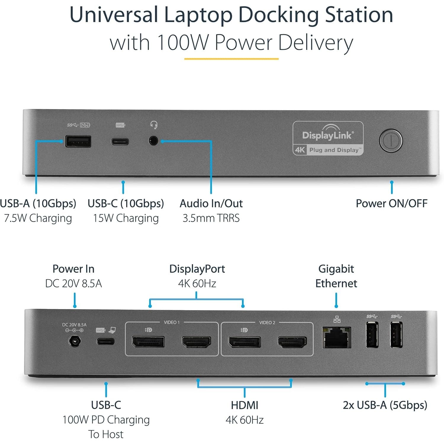 Buy StarTech.com,StarTech.com USB-C & USB-A Hybrid Docking Station – Dual 4K 60Hz, 100W Power Delivery, Thunderbolt Compatible - Gadcet UK | UK | London | Scotland | Wales| Near Me | Cheap | Pay In 3 | Laptop Docking Stations