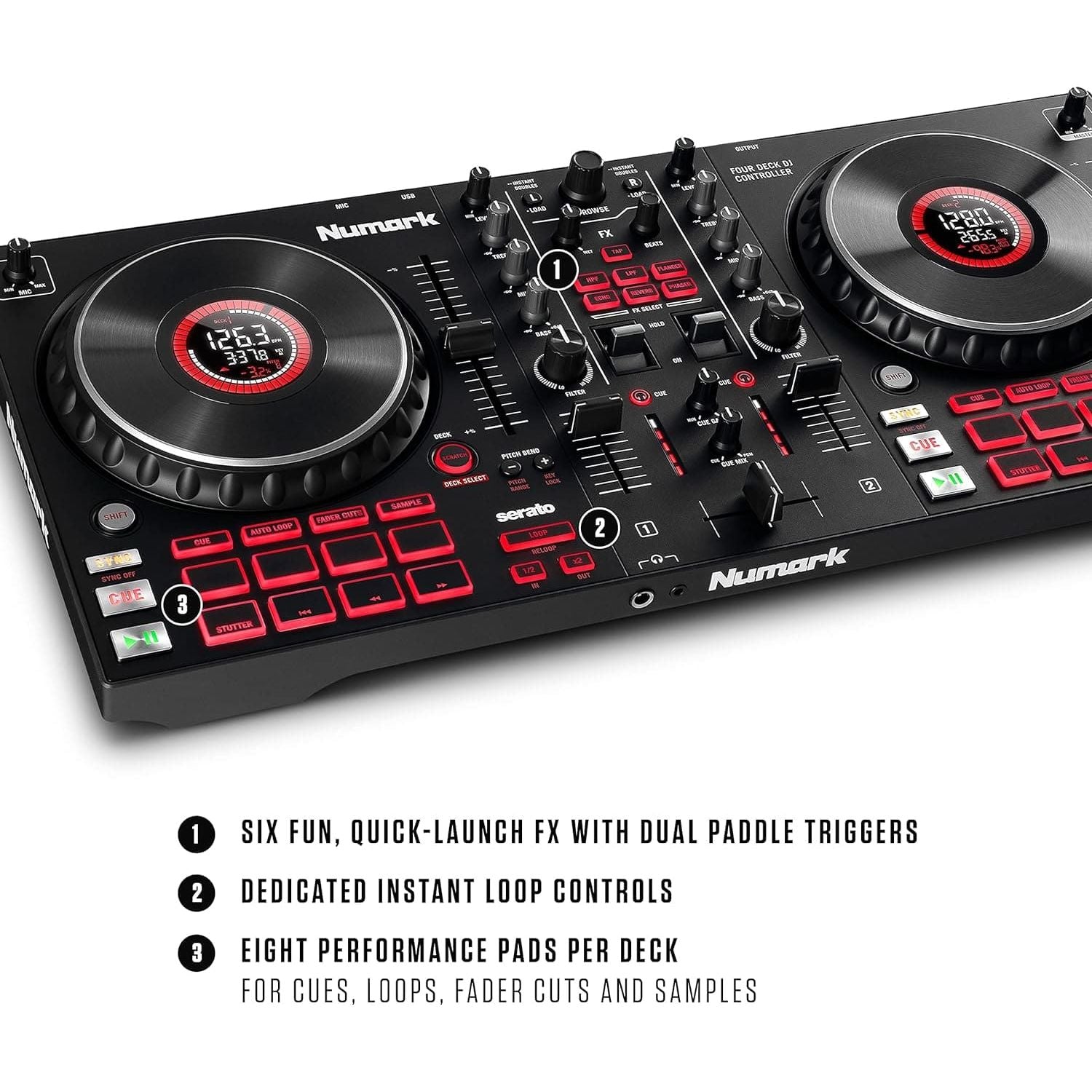 Buy Numark,Numark Mixtrack Platinum FX - 4-Deck DJ Controller with Mixer, Audio Interface, Jog Wheel Displays, and FX Paddles - Gadcet UK | UK | London | Scotland | Wales| Near Me | Cheap | Pay In 3 | DJ & VJ Equipment