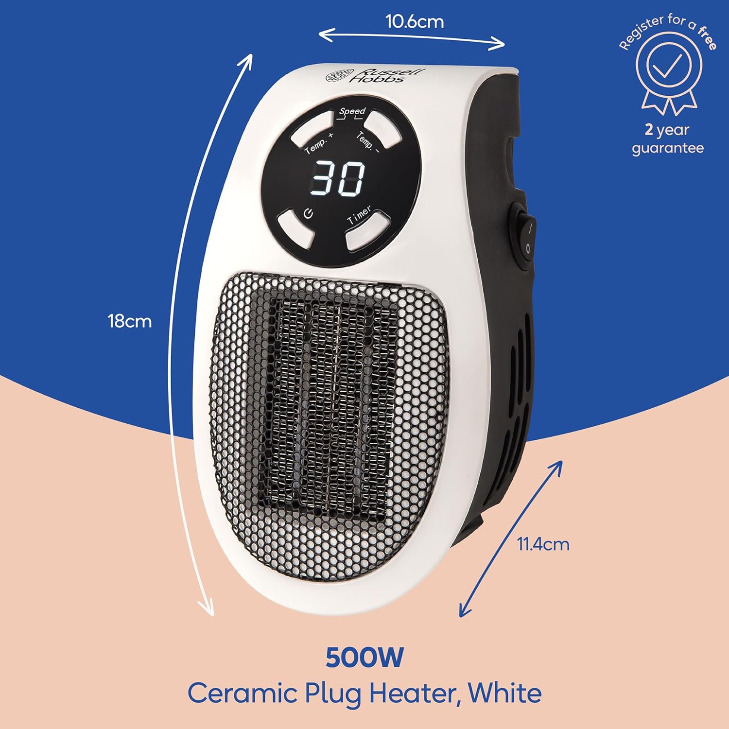 Buy Russell Hobbs,Russell Hobbs RHPH2001 500W Ceramic Plug Heater – Adjustable Thermostat, 12-Hour Timer, LED Display, 2 Fan Speeds – White - Gadcet UK | UK | London | Scotland | Wales| Near Me | Cheap | Pay In 3 | Plug