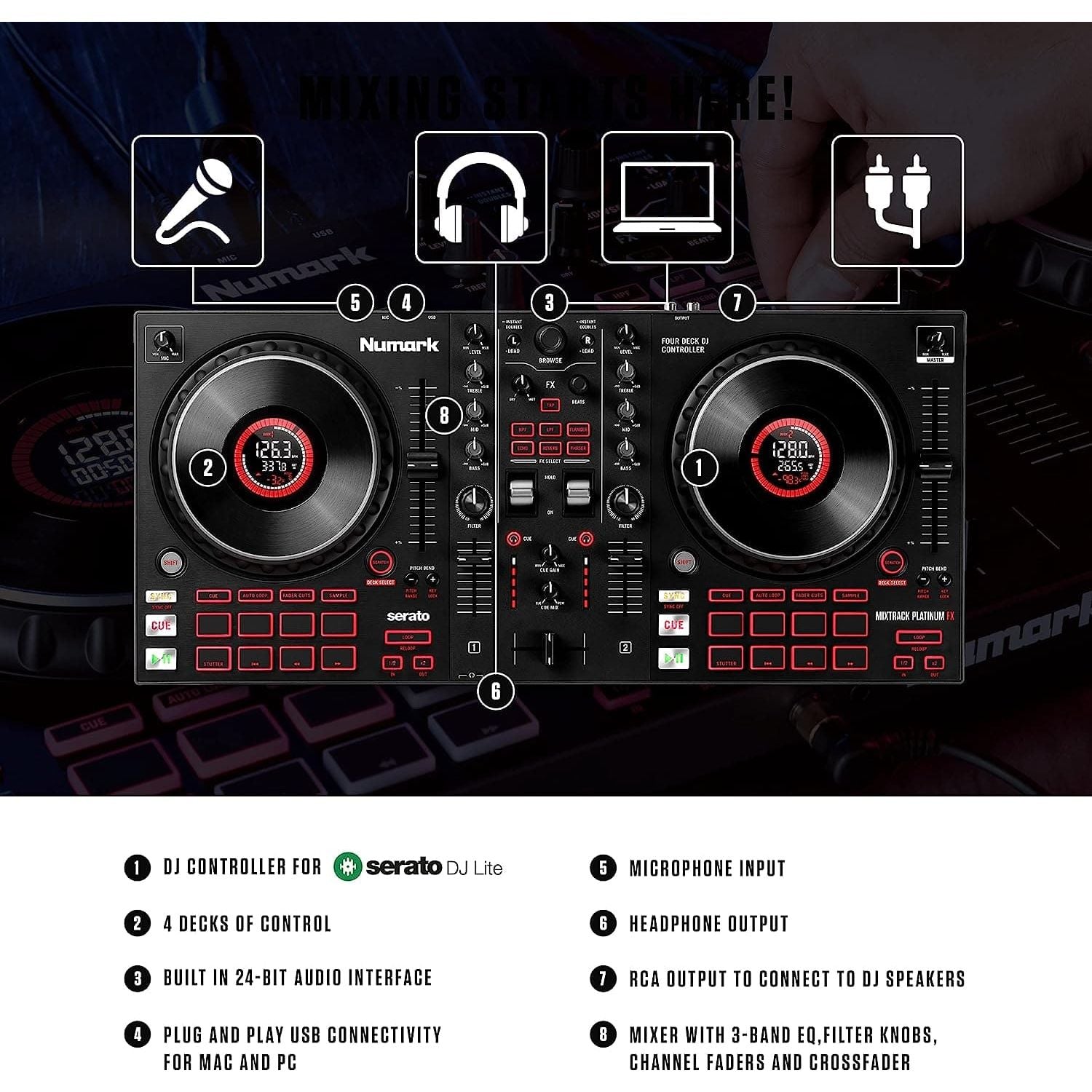 Buy Numark,Numark Mixtrack Platinum FX - 4-Deck DJ Controller with Mixer, Audio Interface, Jog Wheel Displays, and FX Paddles - Gadcet UK | UK | London | Scotland | Wales| Near Me | Cheap | Pay In 3 | DJ & VJ Equipment