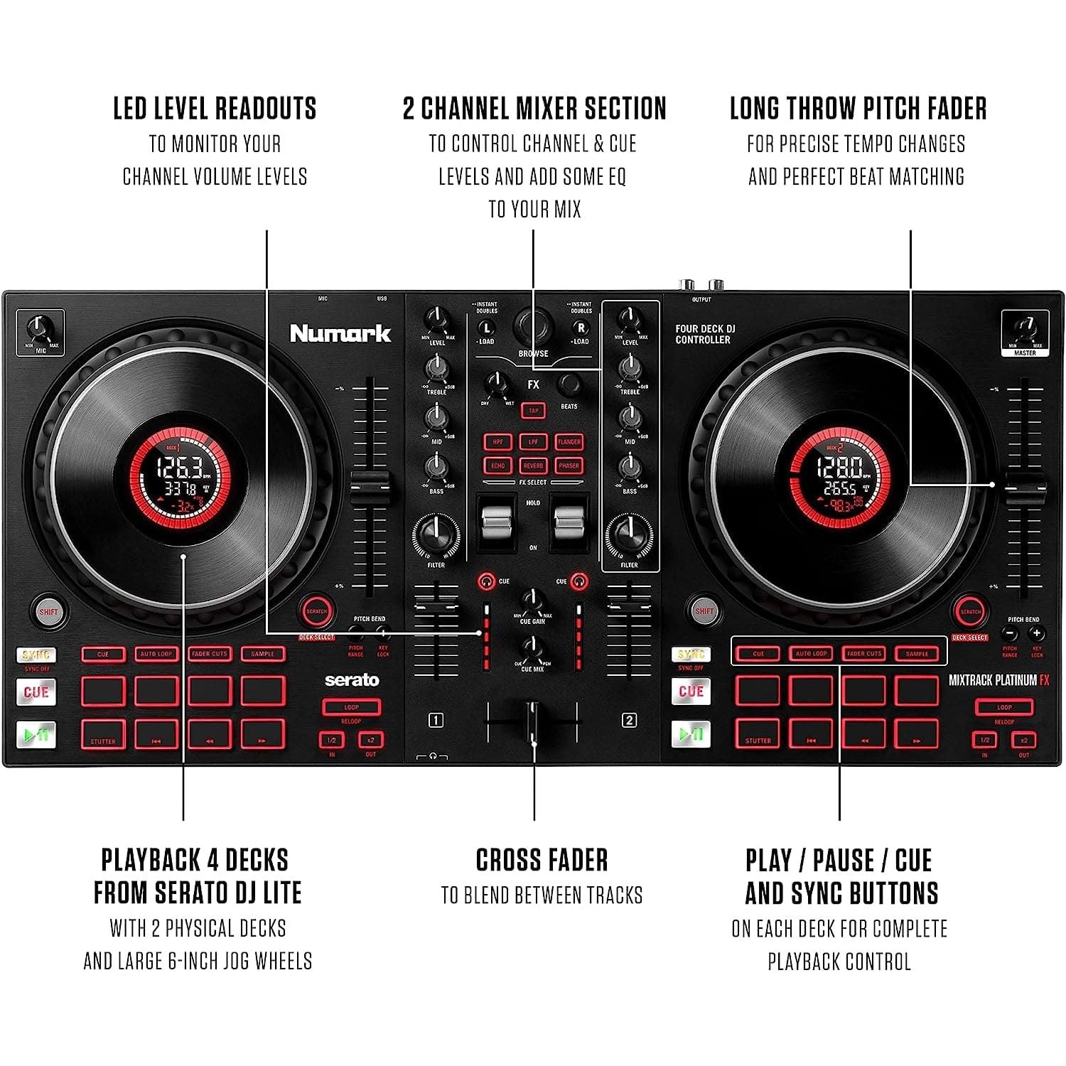 Buy Numark,Numark Mixtrack Platinum FX - 4-Deck DJ Controller with Mixer, Audio Interface, Jog Wheel Displays, and FX Paddles - Gadcet UK | UK | London | Scotland | Wales| Near Me | Cheap | Pay In 3 | DJ & VJ Equipment