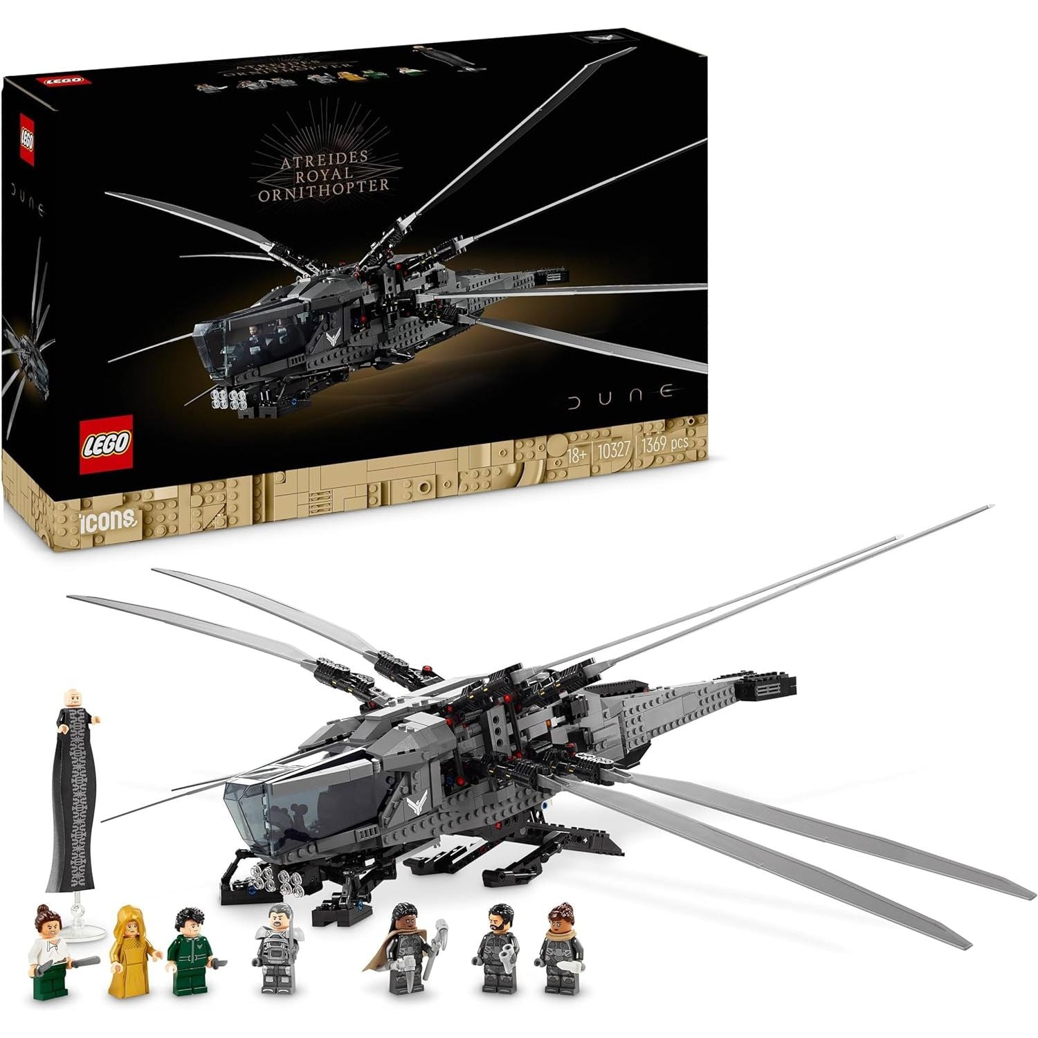 LEGO 10327 Icons Dune Atreides Royal Ornithopter, Model Kit for Adults to Build, Movie-Themed Aviation Gifts for Men, Women, Him, Her, Vehicle Set with 8 Minifigures Inc. Chani & Baron Harkonnen - 1