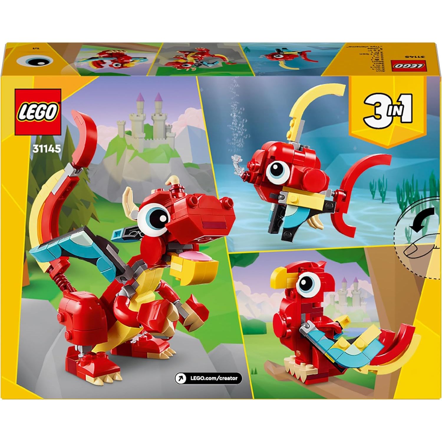 Buy LEGO,LEGO Creator 3in1 Red Dragon Toy to Fish Figure to Phoenix Bird Model, Animal Figures Set, Gifts for 6 Plus Year Old Boys, Girls and Kids - Gadcet UK | UK | London | Scotland | Wales| Near Me | Cheap | Pay In 3 | Interlocking Blocks
