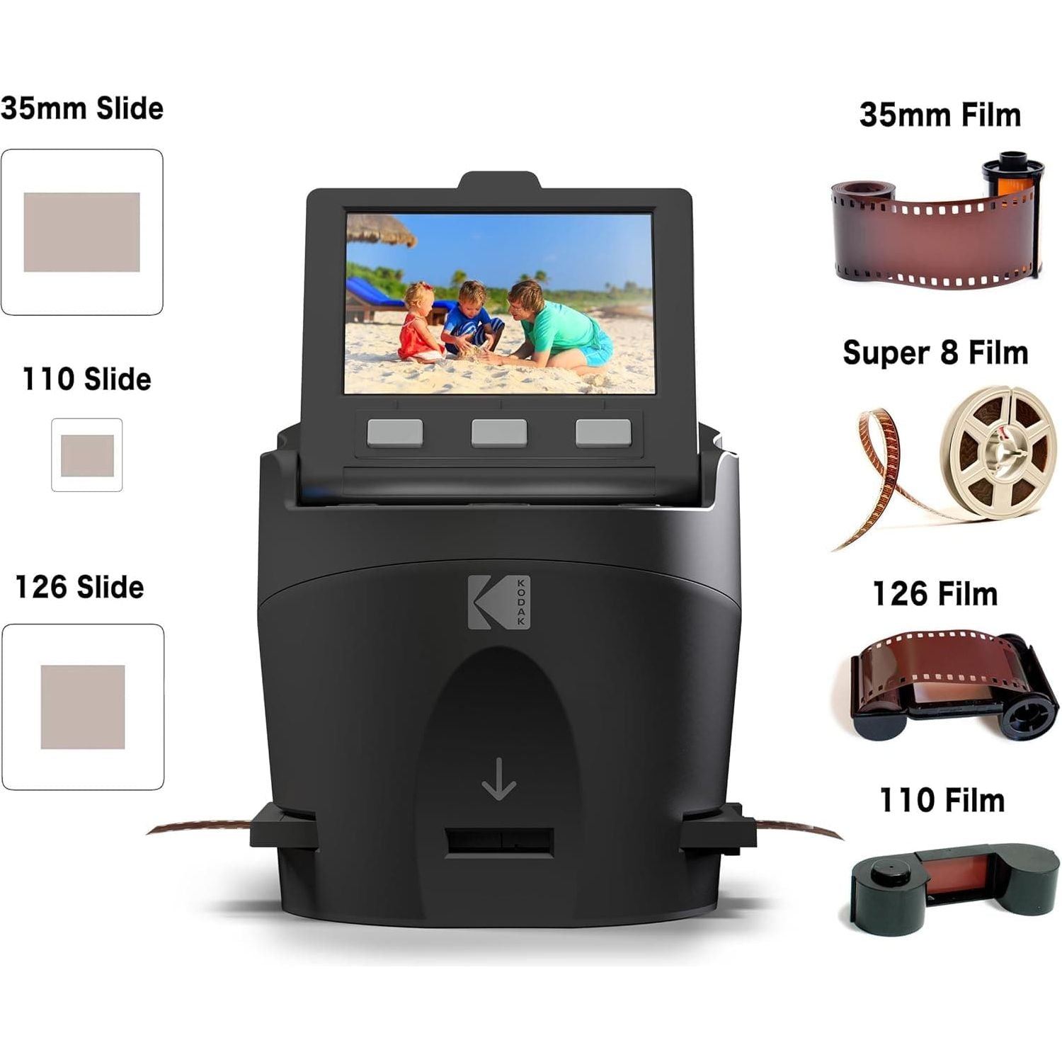 Buy Kodak,Kodak RODFS35 SCANZA Digital Film Scanner, Converts 35mm, 126, 110, Super 8, and 8mm Film Negatives and Slides to JPEG, Large 3.5" Tilt-Up LCD, EasyLoad Film Inserts, Black - Gadcet UK | UK | London | Scotland | Wales| Near Me | Cheap | Pay In 3 | Camera & Optic Accessories