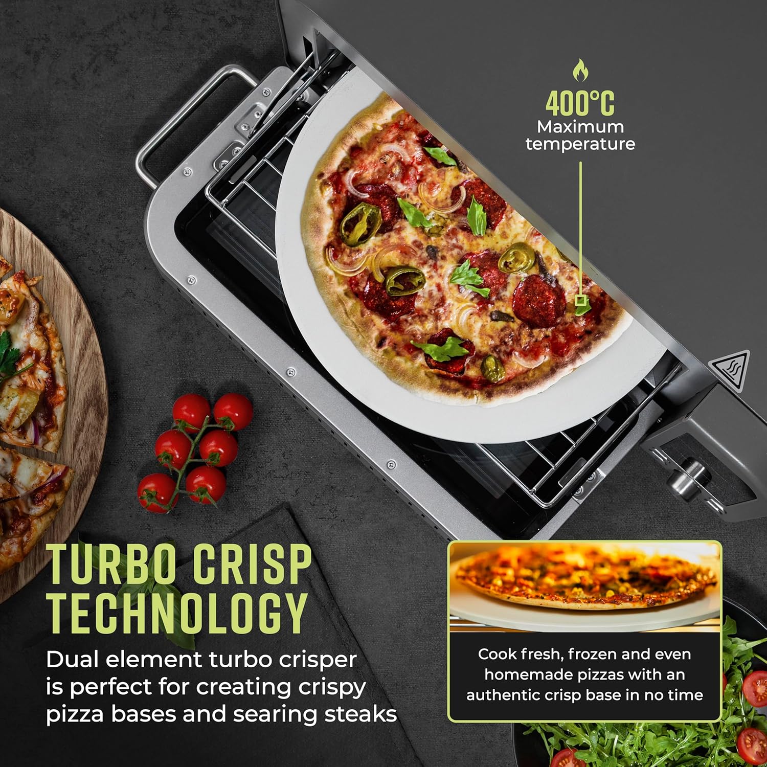 Buy TOWER,Tower T17141 Elite Pizza Oven with 5 High Temperature Programs, 15 Cooking Functions, Turbo Crisper, 400C,18L, 2000W, Grey & Chrome - Gadcet UK | UK | London | Scotland | Wales| Near Me | Cheap | Pay In 3 | Pizza Makers & Ovens