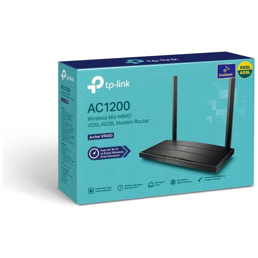 TP-Link,TP-Link AC1200 Wireless MU-MIMO VDSL/ADSL Modem Router, Dual-Band, Wi-Fi Speed Up To 1.2 Gbps, OneMeshTM, Versatile Connectivity, 4 x Gigabit Ports +1x 2.0 USB Port, Easy setup (Archer VR400) - Gadcet.com