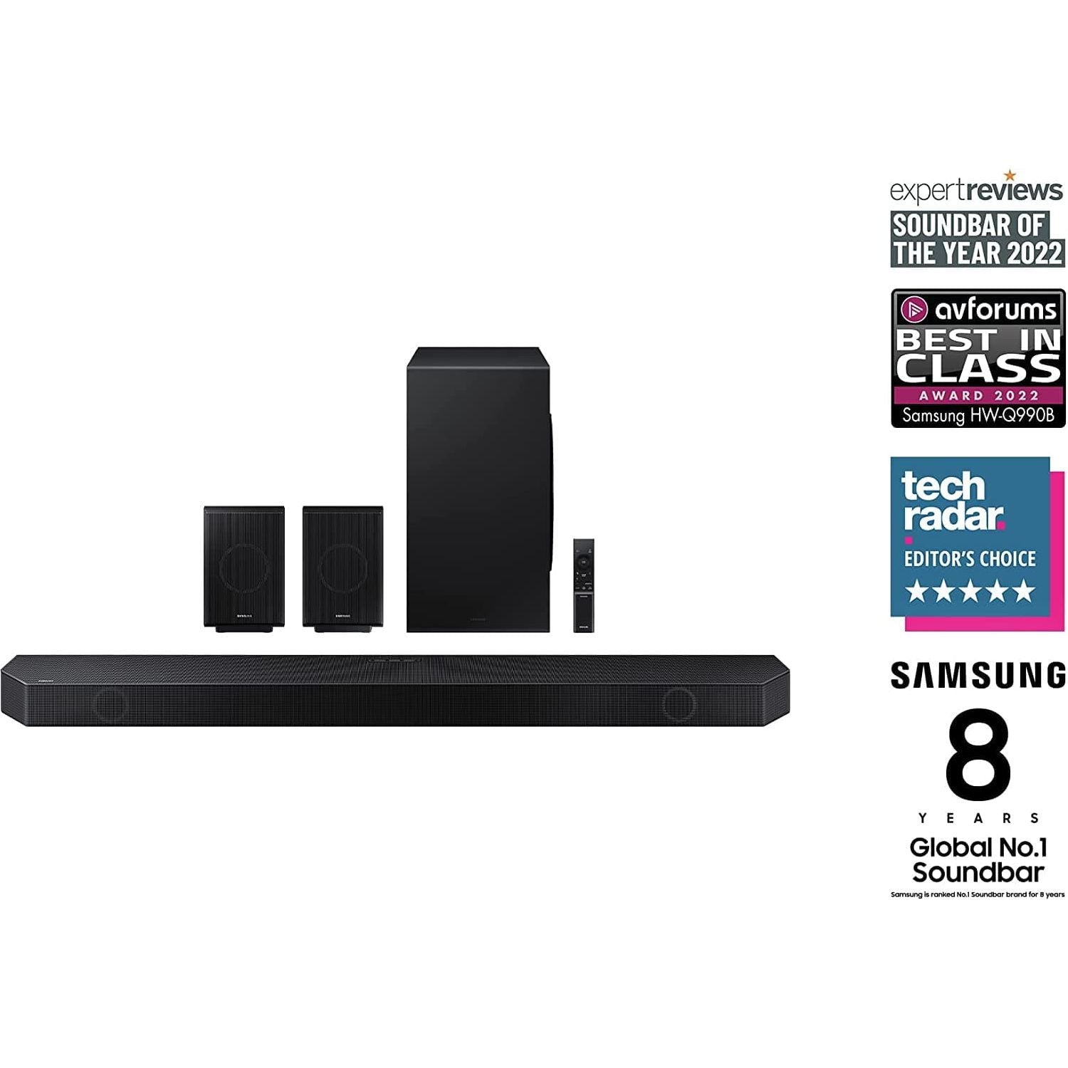 Samsung,Samsung Q990B Soundbar Speaker (2022) - 11.1.4ch 3D Object Tracking Surround Sound System With Wireless Dolby Atmos DTS:X & Alexa Built-In, Rear Speakers & Subwoofer With Night & Voice Enhancement - Gadcet.com