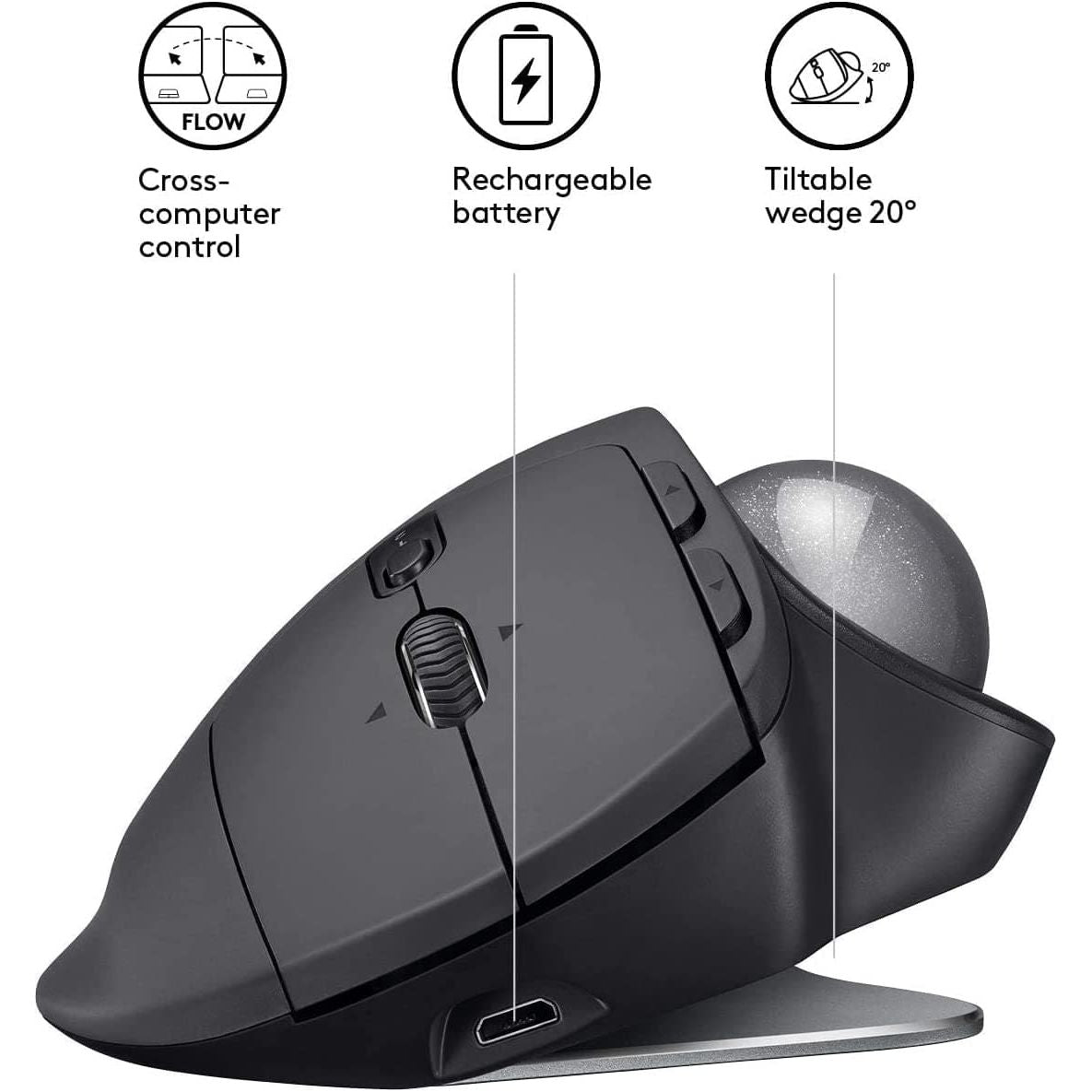 Logitech MX Ergo Wireless Trackball Mouse, Bluetooth Or 2.4GHz with Unifying USB-Receiver, Adjustable Trackball Angle, Precision Scroll-Wheel, USB-C Charging Battery, PC/ Mac/ iPad OS - Black - Gadcet.com