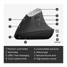Logitech MX Vertical Ergonomic Mouse, Multi-Device, Bluetooth or 2.4GHz Wireless with USB Unifying Receiver, 4000 DPI Optical Tracking, 4 Buttons, Fast Charging, Laptop/PC/Mac/iPad OS- Black - 6