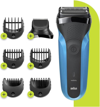 Braun Series 3 Men's 3-in-1 Electric Shaver, Beard Trimmer with 5 Comb Attachments, Rechargeable and Wireless Electric Shaver, 30 Minutes Runtime, Wet & Dry, 310BT, Black/Blue - 1