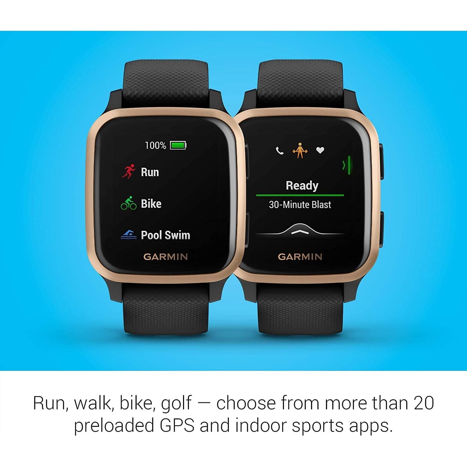 Buy Garmin,Garmin Venu Sq Music Amazon Exclusive GPS Smartwatch with All-day Health Monitoring and Fitness Features, Built-in Sports Apps and More, Black with Rose Gold Bezel - Gadcet.com | UK | London | Scotland | Wales| Ireland | Near Me | Cheap | Pay In 3 | Watches