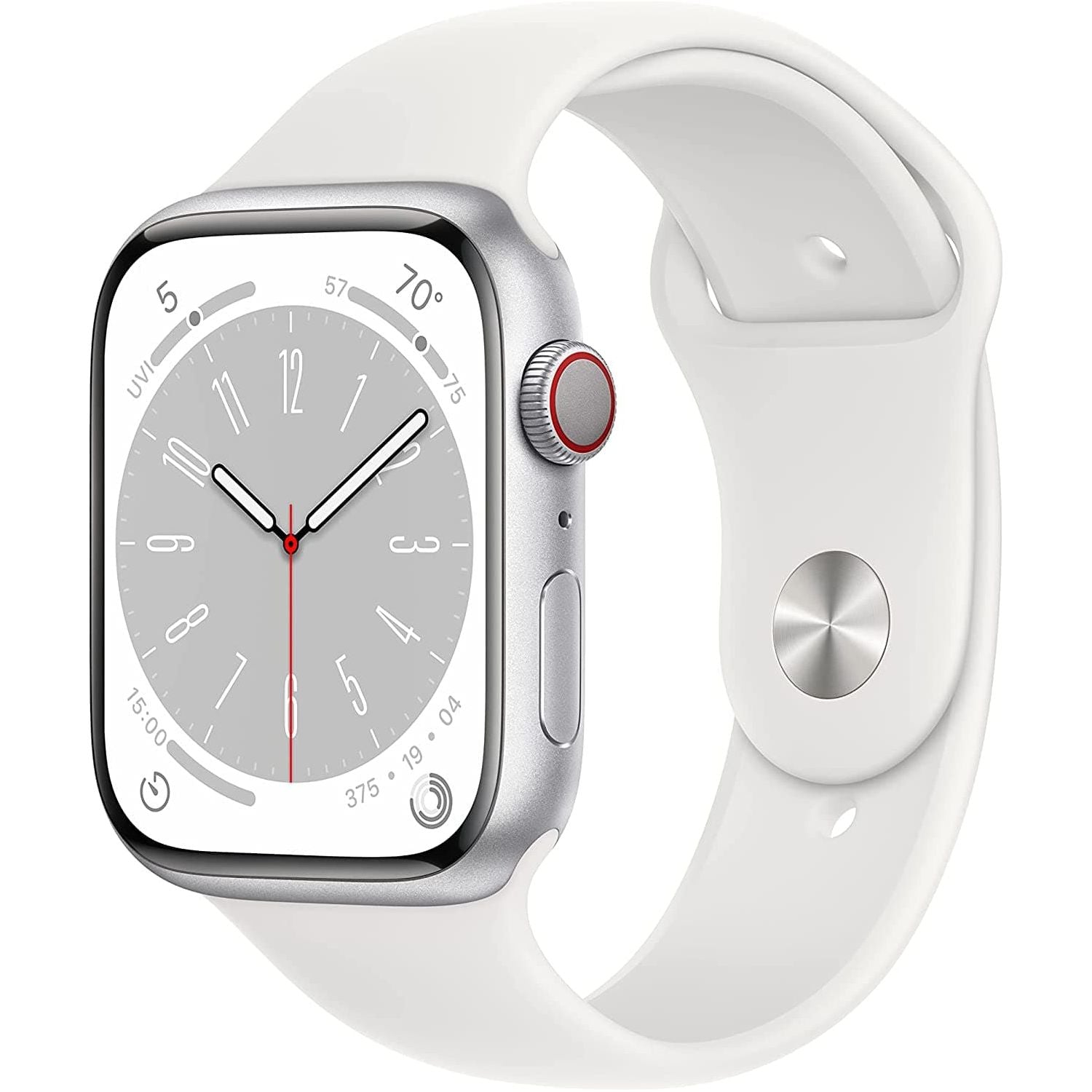 Buy Apple,Apple Watch Series 8 GPS + Cellular 45mm Silver Aluminium Case with White Sport Band - Regular - Gadcet.com | UK | London | Scotland | Wales| Ireland | Near Me | Cheap | Pay In 3 |