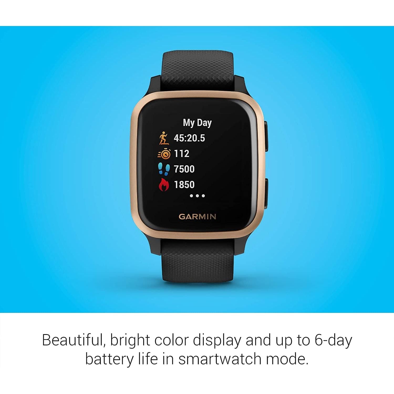 Buy Garmin,Garmin Venu Sq Music Amazon Exclusive GPS Smartwatch with All-day Health Monitoring and Fitness Features, Built-in Sports Apps and More, Black with Rose Gold Bezel - Gadcet.com | UK | London | Scotland | Wales| Ireland | Near Me | Cheap | Pay In 3 | Watches