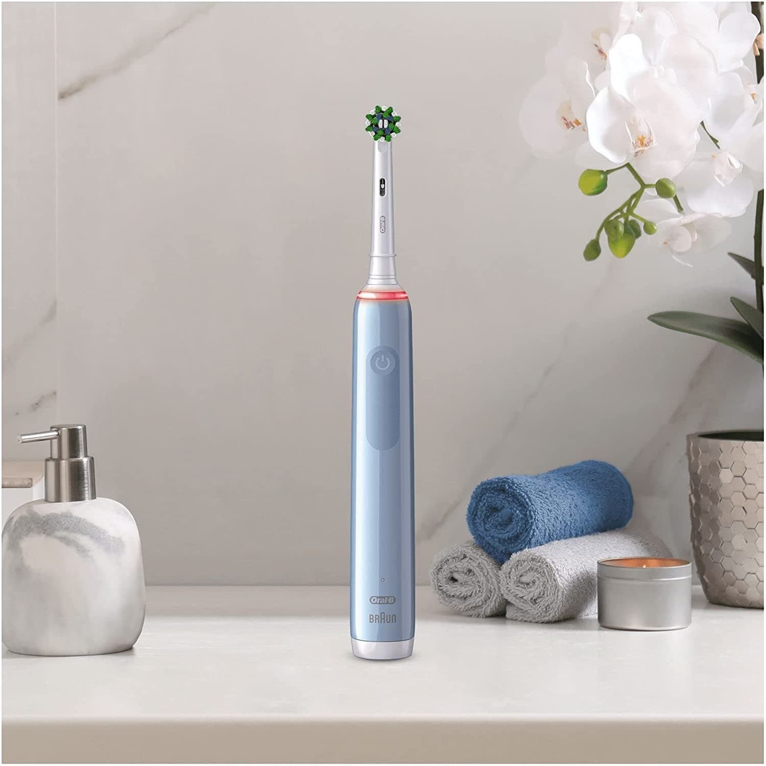 Oral-B,Oral-B Pro 3 Electric Toothbrush with Smart Pressure Sensor, 1 Cross Action Toothbrush Head, 3 Modes with Teeth Whitening -Blue - Gadcet.com