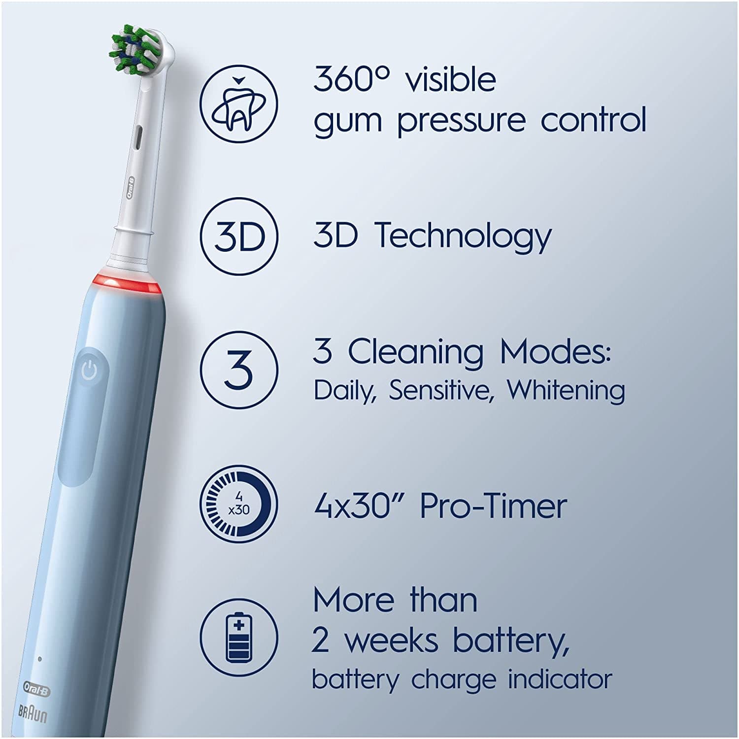 Oral-B,Oral-B Pro 3 Electric Toothbrush with Smart Pressure Sensor, 1 Cross Action Toothbrush Head, 3 Modes with Teeth Whitening -Blue - Gadcet.com