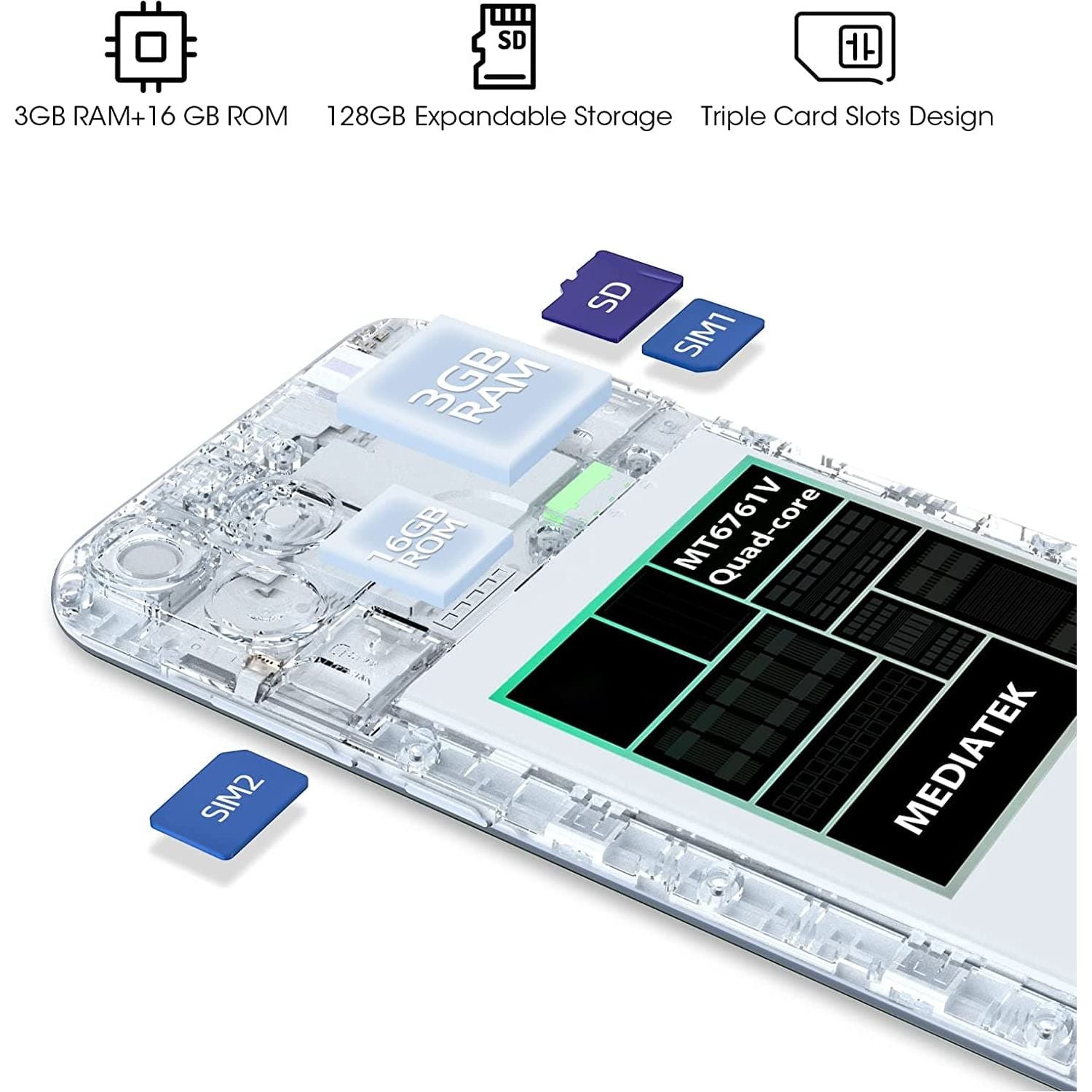 Blackview Mobile phone, A55 Android 11, 6.528’’ HD+ Display, 4780mAh Battery, 3-Card Slots Design, 4G Dual SIM Unlocked Smartphone, 3GB RAM 16GB ROM - Blue