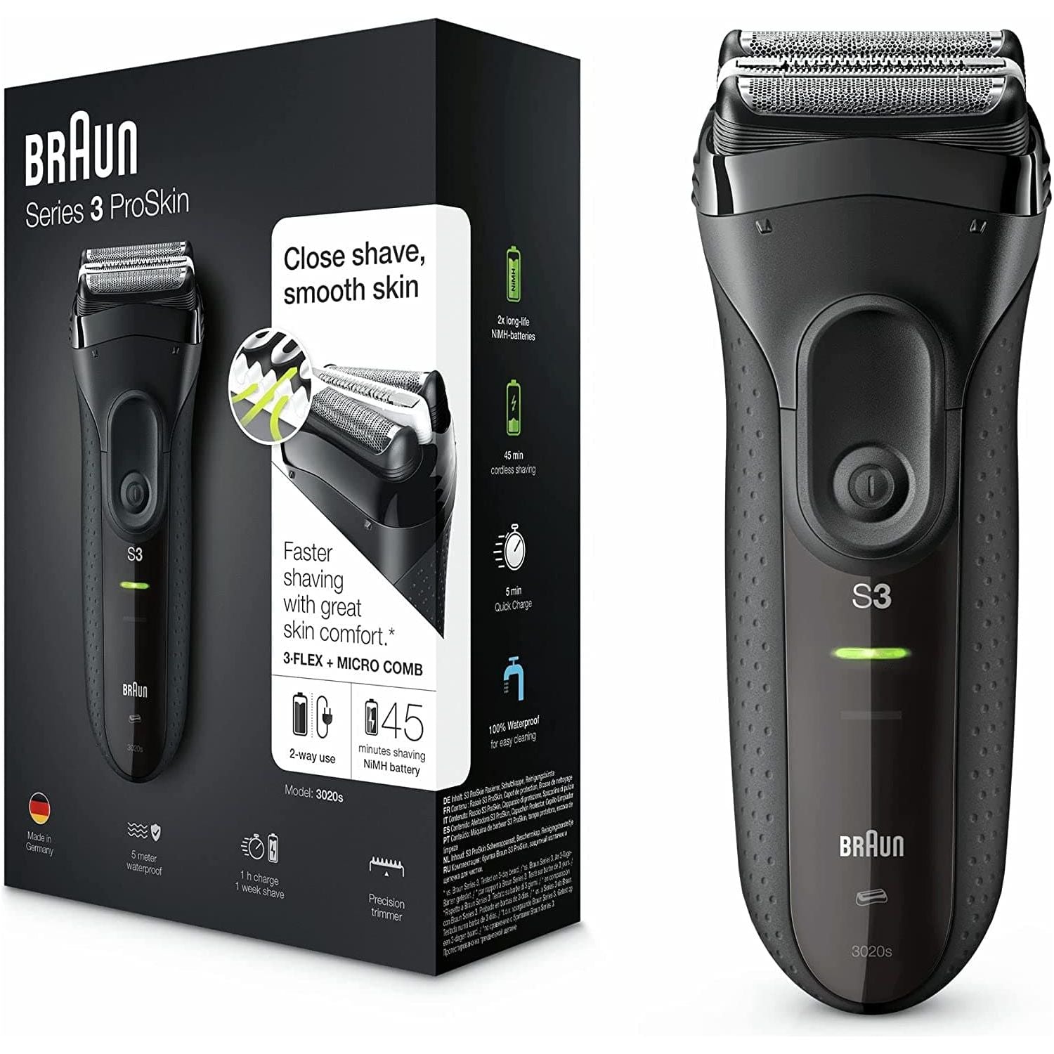 Braun Series 3 ProSkin Electric Shaver, Electric Razor for Men With Pop Up Precision Trimmer, Cordless, Wet & Dry, Gifts For Men, UK 2 Pin Plug, 3020s, Black Razor - Gadcet.com