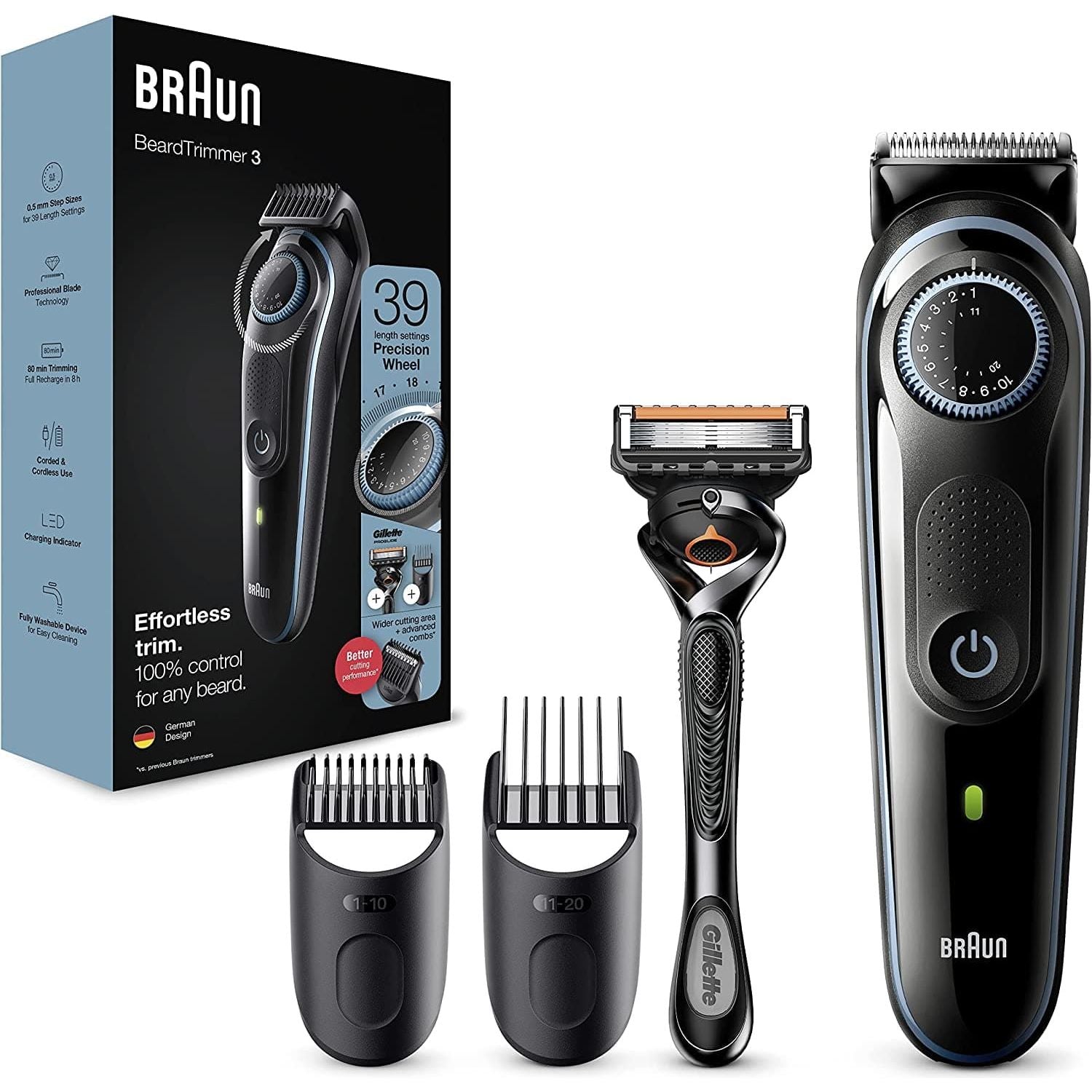Braun,Braun Beard Trimmer Series 3 & Hair Clippers with Gillette Fusion5 ProGlide Razor, 39 Length Settings, BT3240, Black/Blue - Gadcet.com