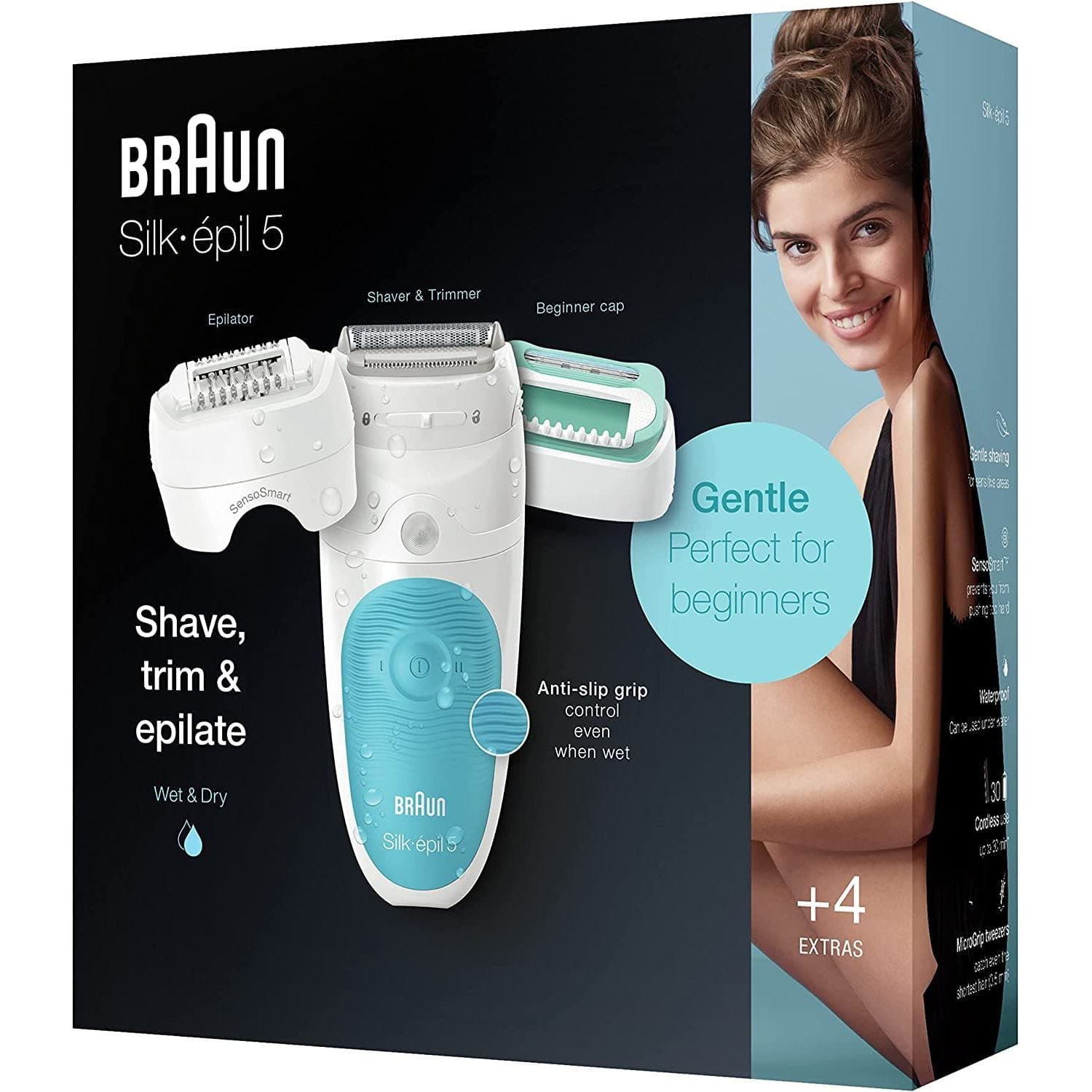Braun,Braun Silk-épil 5 SensoSmart Epilator For Hair Removal, Lady Shaver & Trimmer Head and Beginner Cap, Wet & Dry, 100% Waterproof, UK 2 Pin Plug, White/ Blue - Gadcet.com