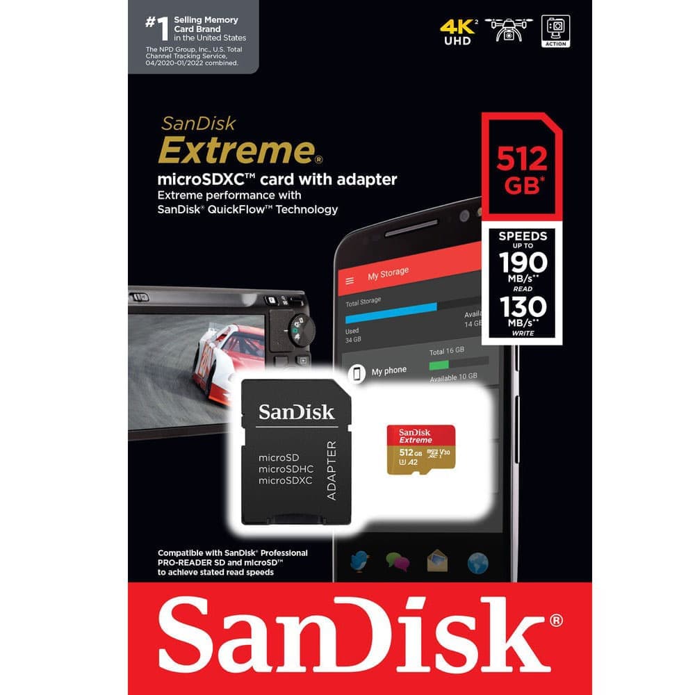 Buy Sandisk,SanDisk 512GB Extreme microSDXC card + SD adapter + RescuePRO Deluxe, up to 190MB/s, with A2 App Performance, UHS-I, Class 10, U3, V30 - Gadcet.com | UK | London | Scotland | Wales| Ireland | Near Me | Cheap | Pay In 3 | Hardware