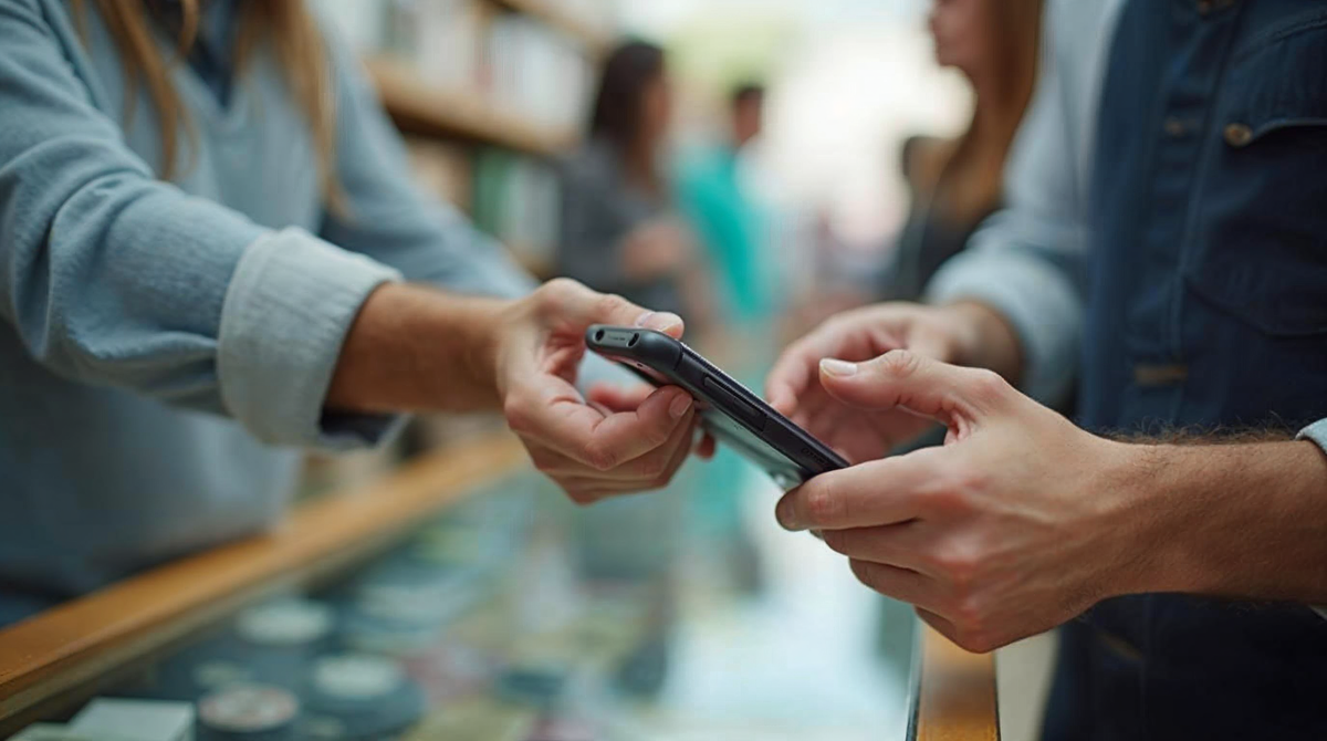 Customer's hands passing an iPhone across the counter to staff member's hands in a bright, modern independent electronics shop on a UK high street, representing iPhone buyback transaction in Romford