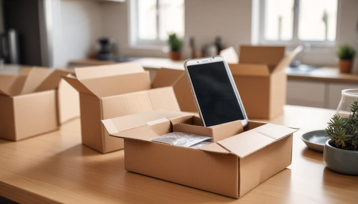 Modern iPhone being carefully wrapped in bubble wrap and packed into a cardboard postal box on a kitchen table at home, illustrating the process of selling an iPhone online in the UK