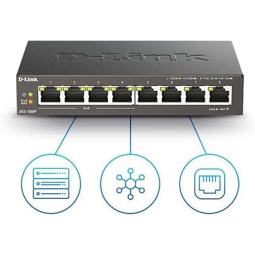 Buy D LINK,D-Link DGS-1008P 8-Port Gigabit Unmanaged PoE+ Network Switch – 4 PoE Ports, 60W Power Budget, Plug & Play, Metal Case - Gadcet UK | UK | London | Scotland | Wales| Near Me | Cheap | Pay In 3 | Power Over Ethernet Switches