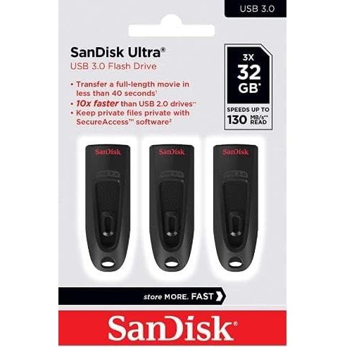 Buy SanDisk,SanDisk 32GB Ultra USB 3.0 Flash Drive - Up to 130MB/s Transfer Speed, Password Protection, RescuePRO Deluxe Software, Triple Pack, Black - Gadcet UK | UK | London | Scotland | Wales| Near Me | Cheap | Pay In 3 | USB Flash Drives