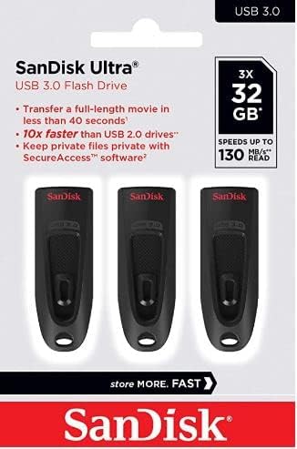 SanDisk 32GB Ultra USB 3.0 Flash Drive - Up to 130MB/s Transfer Speed, Password Protection, RescuePRO Deluxe Software, Triple Pack, Black