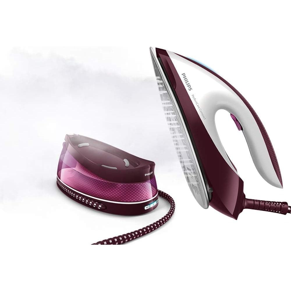 Philips PerfectCare Compact Steam Generator - 2400W, 400g Steam Boost, 6.5 Bar Pressure, OptimalTEMP Technology, 1.5L Tank, Burgundy/White (GC7842/46) - 2