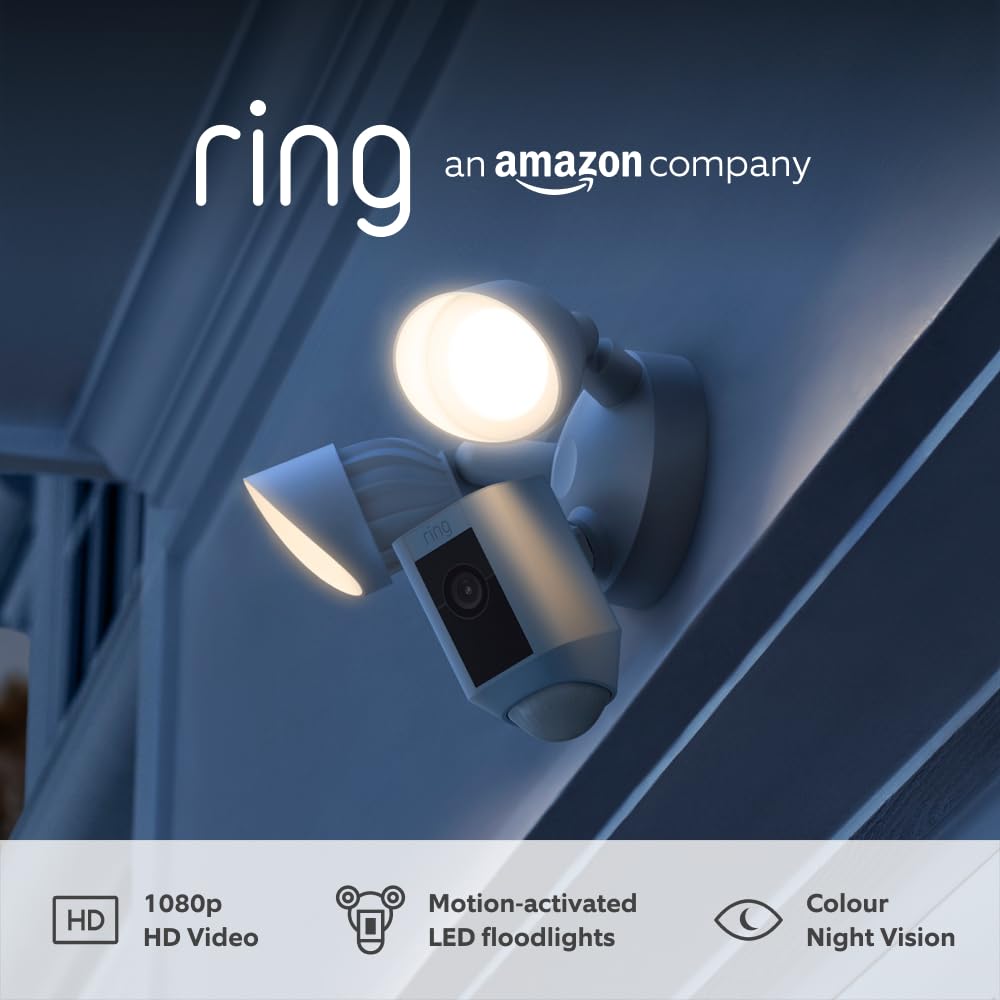 Buy Ring,Ring Floodlight Cam Wired Plus by Amazon - 1080p HD, LED Lights, Siren, Wi-Fi, Hardwired, 30-Day Ring Protect Trial - White - Gadcet UK | UK | London | Scotland | Wales| Near Me | Cheap | Pay In 3 | Security Monitors & Recorders