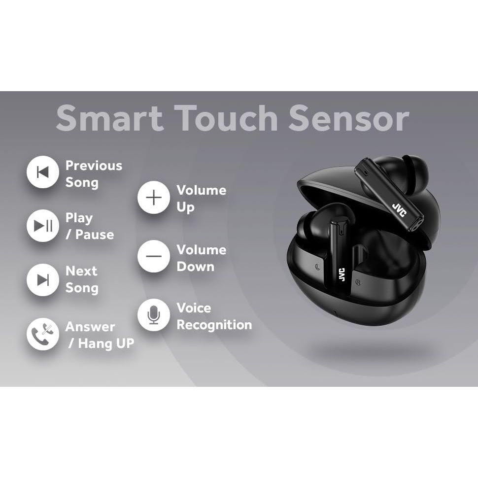 JVC HA-B6T-B Ultra Compact True Wireless Earbuds Black – Built-In Mic, Touch Controls, USB-C Charging, 16-Hour Battery