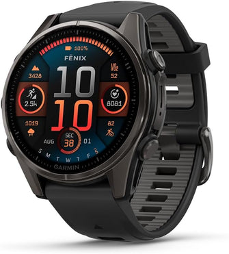 Garmin fēnix 8 43mm – AMOLED, Sapphire, GPS Multisport Smartwatch, Carbon Gray DLC Titanium, Pebble Gray Band