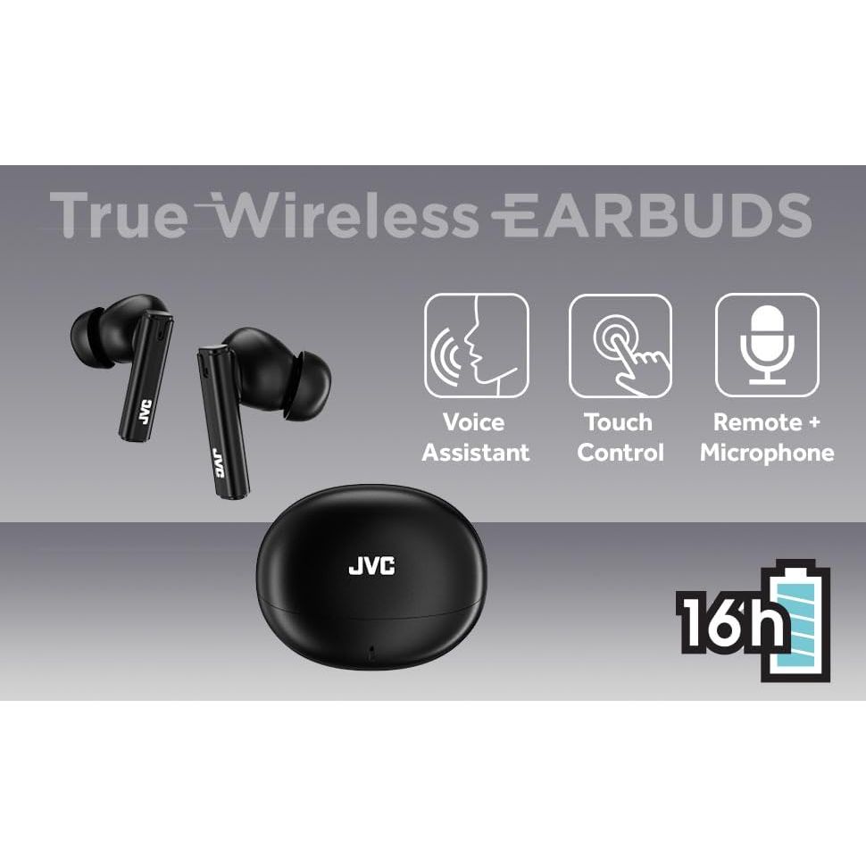 JVC HA-B6T-B Ultra Compact True Wireless Earbuds Black – Built-In Mic, Touch Controls, USB-C Charging, 16-Hour Battery