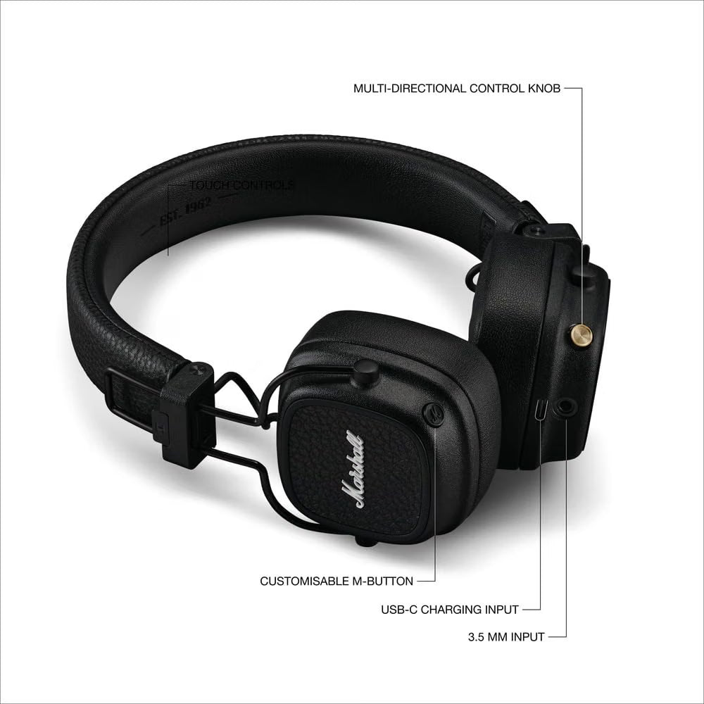 Marshall Major V On-Ear Wireless Headphones – Black, 100+ Hour Battery, Bluetooth 5.3, Wireless Charging