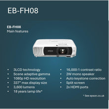 Buy Epson,Epson EB-FH08 Full HD Projector – 1080p, 3600 Lumens, Up to 332" Display (White) - Gadcet UK | UK | London | Scotland | Wales| Near Me | Cheap | Pay In 3 | Multimedia Projectors