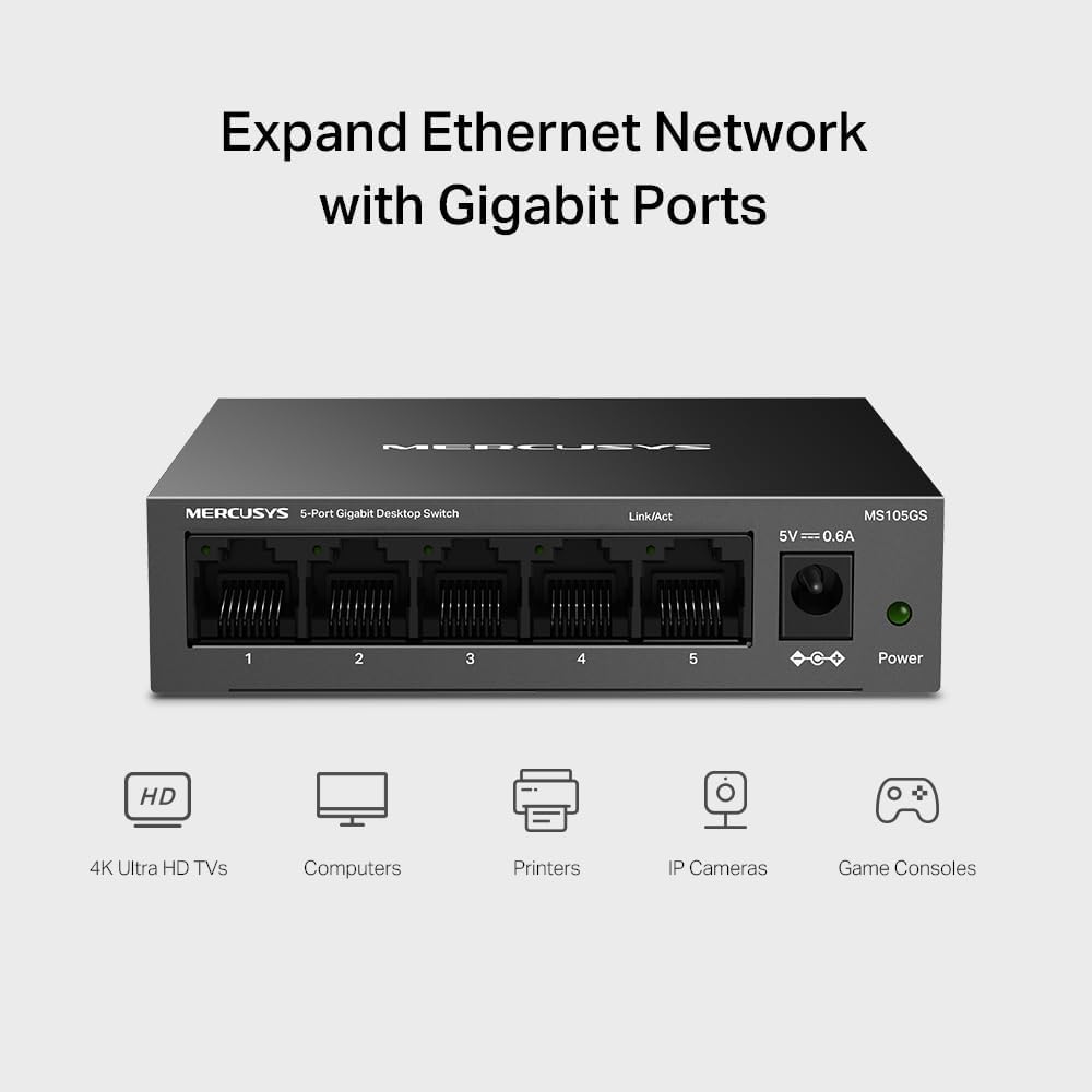 Buy Mercusys,MERCUSYS MS105GS 5-Port Gigabit Network Switch – Metal Case, Ethernet Splitter, Desktop/Wall Mount, Silent Operation, Power Saving, Plug & Play - Gadcet UK | UK | London | Scotland | Wales| Near Me | Cheap | Pay In 3 | Networking Devices