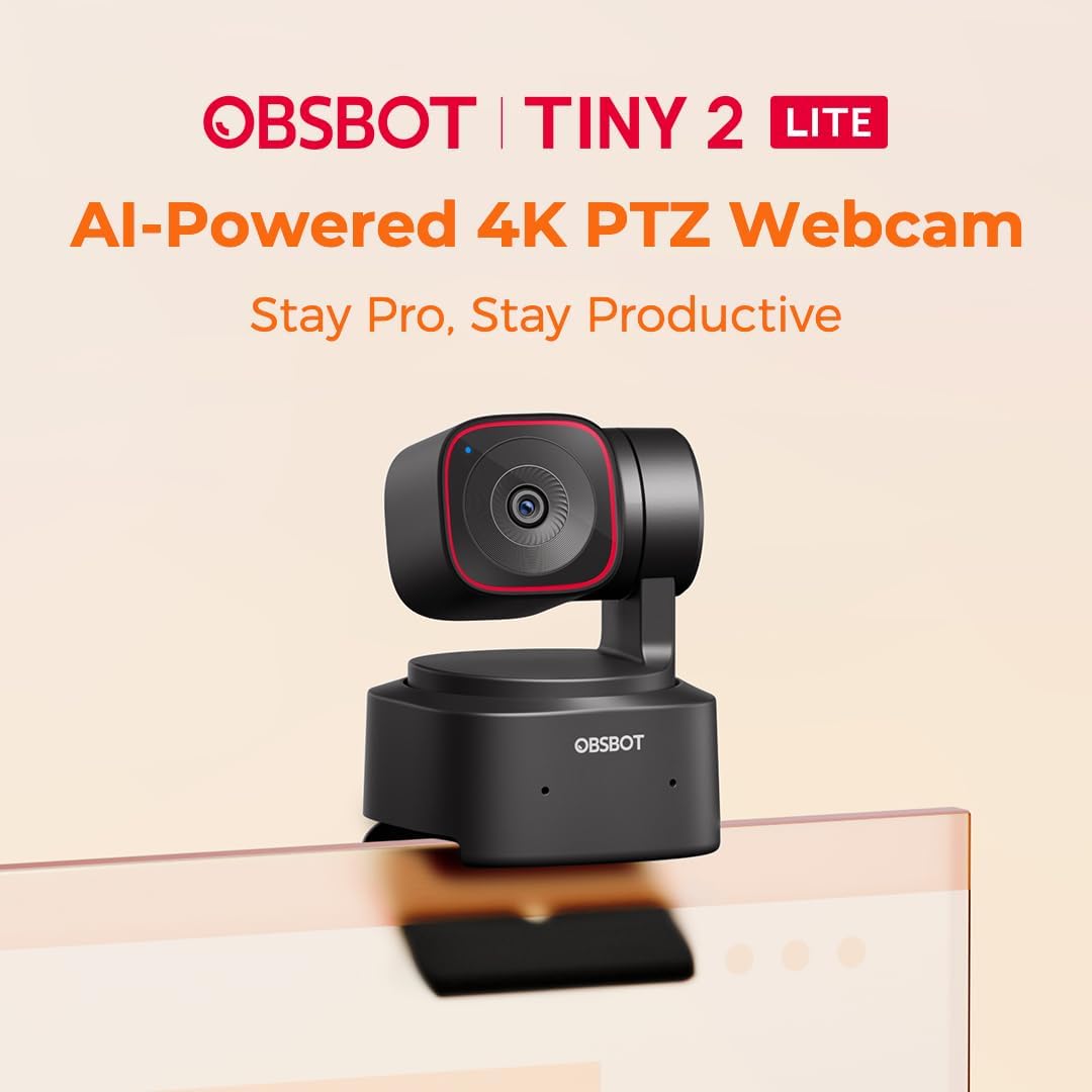 OBSBOT Tiny 2 Lite 4K AI PTZ Webcam – Auto Tracking, Gesture Control, Dual Microphones – Black