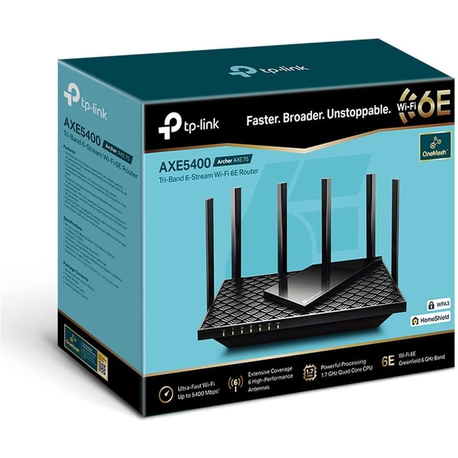 Buy TP-Link,TP-Link Archer AXE75 AXE5400Mbps WiFi 6E Router Tri-Band, WiFi Router, Gigabit Ethernet Ports, USB 3.0, WiFi Booster, 512MB RAM, OneMesh, WPA3, Ideal for Gaming, HomeShield, Compatible with Alexa - Gadcet UK | UK | London | Scotland | Wales| Near Me | Cheap | Pay In 3 | Network Cards & Adapters