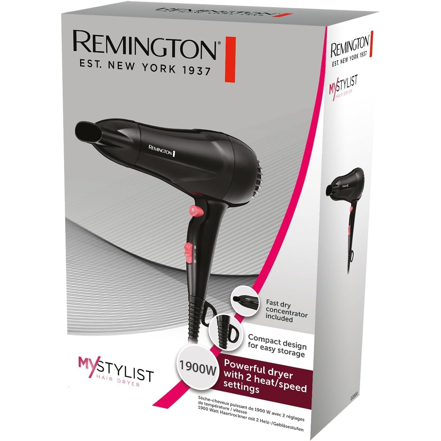 Buy Remington,Remington Hair Dryer [Compact Blow Dryer] My Stylist (Powerful 1900W Performance, 2 Heat/Speed Settings with Cool Shot, Fast Dry Concentrator, Ceramic Ionic Grille for Even Heat, Black/Pink) D2000 - Gadcet UK | UK | London | Scotland | Wales| Near Me | Cheap | Pay In 3 | Hair Dryers & Accessories