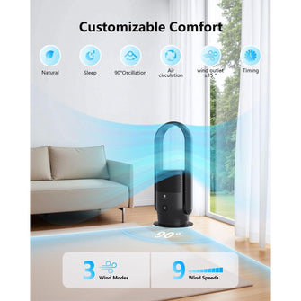 Ultty Bladeless Tower Fan with HEPA Air Purifier – Remote, Touch Control, Timer, 90° Oscillation, 9 Speeds, Black (CR021)