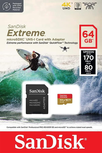 Buy Sandisk,SanDisk 64GB Extreme microSDXC card for Action Cams and Drones + SD adapter + RescuePRO Deluxe, up to 170 MB/s, with A2 App Performance, UHS-I , Class 10, U3, V30 - Gadcet UK | UK | London | Scotland | Wales| Near Me | Cheap | Pay In 3 | Flash Memory Cards