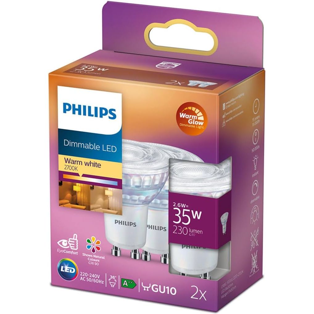 Buy Philips,Philips LED Classic GU10 Dimmable Spotlights – 2-Pack, 2.6W (35W Equivalent), Warm Glow 2200–2700K, 220–240V [Energy Class F] - Gadcet UK | UK | London | Scotland | Wales| Near Me | Cheap | Pay In 3 | LED Light Bulbs