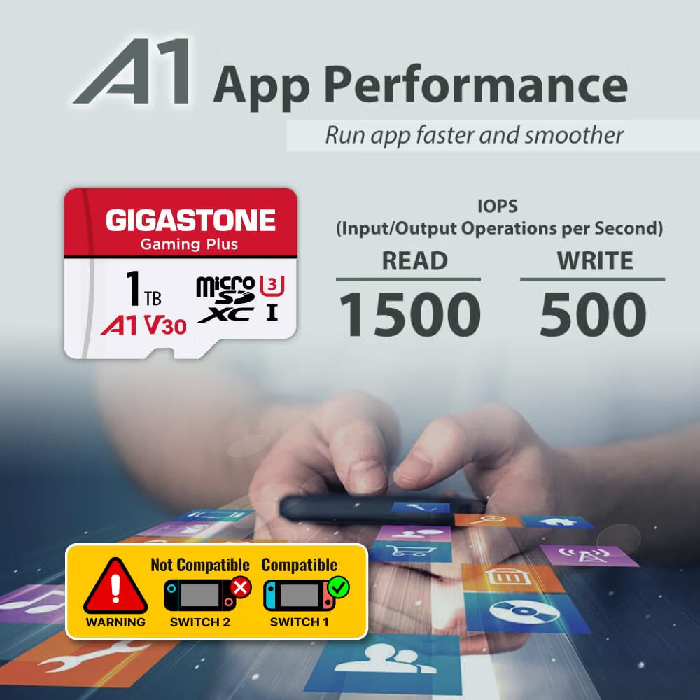 GIGASTONE 1TB Micro SD Card, Gaming Plus, Up to 150/120 MB/s, MicroSDXC Memory Card for Nintendo-Switch 1, SteamDeck, 4K UHD Video, UHS-I A1 V30 U3 C10 with Adapter