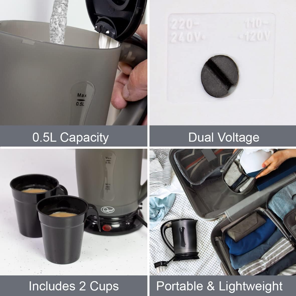 Buy Quest,Quest Black Travel Kettle with 2 Cups – Portable, Lightweight, Dual Voltage - Gadcet UK | UK | London | Scotland | Wales| Near Me | Cheap | Pay In 3 | Electric Kettles