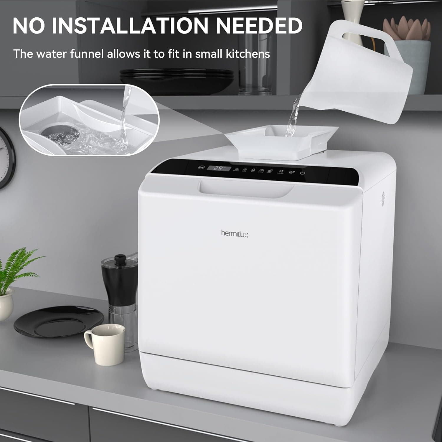Buy Hermitlux,Hermitlux Mini Countertop Dishwasher 4 Place Settings, 5L Tank, 6 Programs, Touch Control, Baby Care & Fruit Wash - White - Gadcet UK | UK | London | Scotland | Wales| Near Me | Cheap | Pay In 3 | Kitchen Tools & Utensils