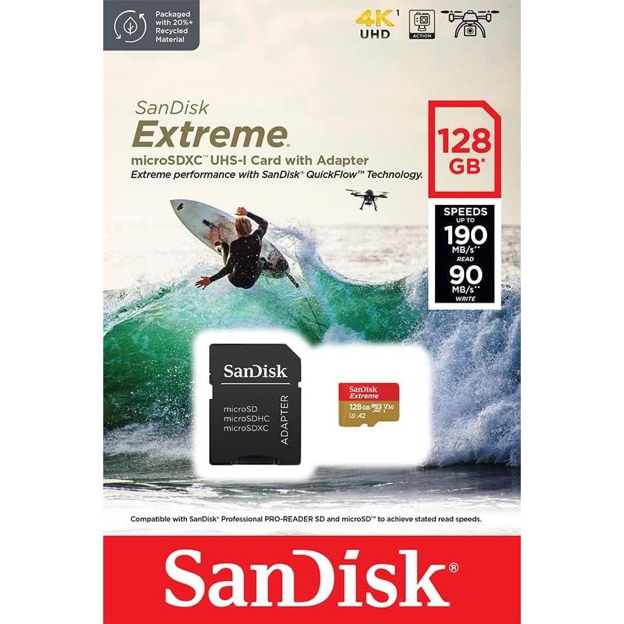 Buy Sandisk,SanDisk 128GB Extreme microSDXC card for Action Cams and Drones + SD adapter + RescuePRO Deluxe, up to 190 MB/s, with A2 App Performance, UHS-I, Class 10, U3, V30 - Gadcet UK | UK | London | Scotland | Wales| Near Me | Cheap | Pay In 3 | Flash Memory Cards