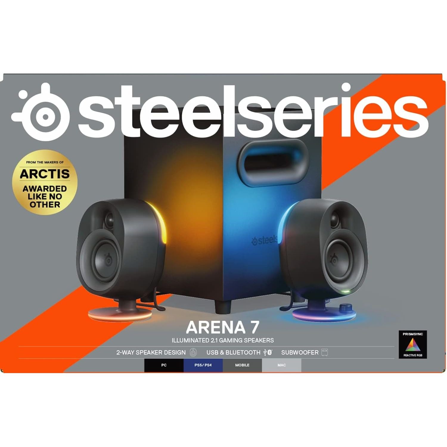 Buy SteelSeries,SteelSeries Arena 7 2.1 Gaming Speakers – Illuminated, 2-Way Design, Powerful Bass & Subwoofer, USB, Aux, Optical, Bluetooth, Wired – Compatible with PC, PlayStation, Mobile, Mac – UK Plug - Gadcet UK | UK | London | Scotland | Wales| Near Me | Cheap | Pay In 3 | Bluetooth Speaker